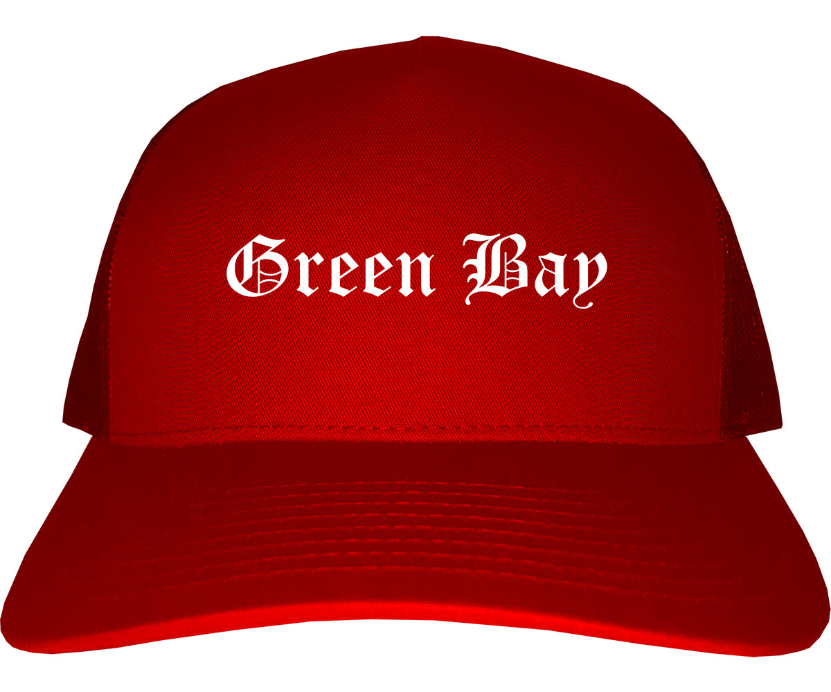 Green Bay Wisconsin WI Old English Mens Trucker Hat Cap Red