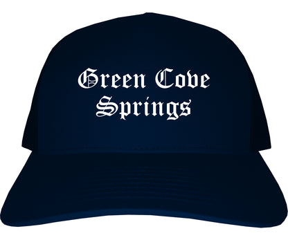 Green Cove Springs Florida FL Old English Mens Trucker Hat Cap Navy Blue