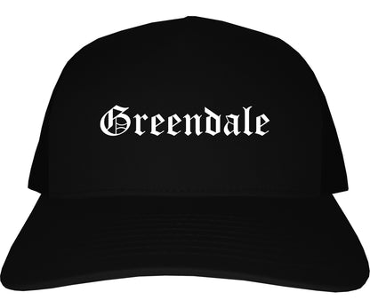 Greendale Indiana IN Old English Mens Trucker Hat Cap Black