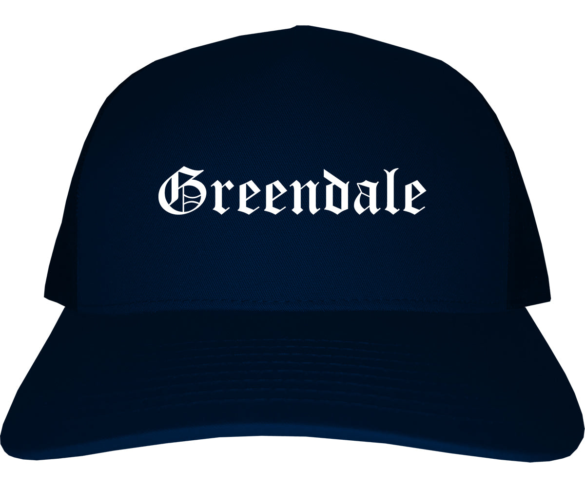 Greendale Indiana IN Old English Mens Trucker Hat Cap Navy Blue