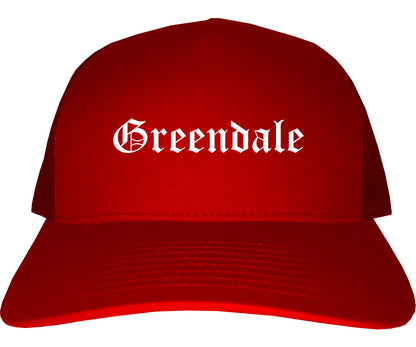 Greendale Indiana IN Old English Mens Trucker Hat Cap Red