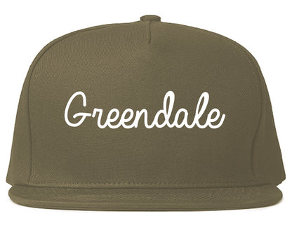 Greendale Indiana IN Script Mens Snapback Hat Grey