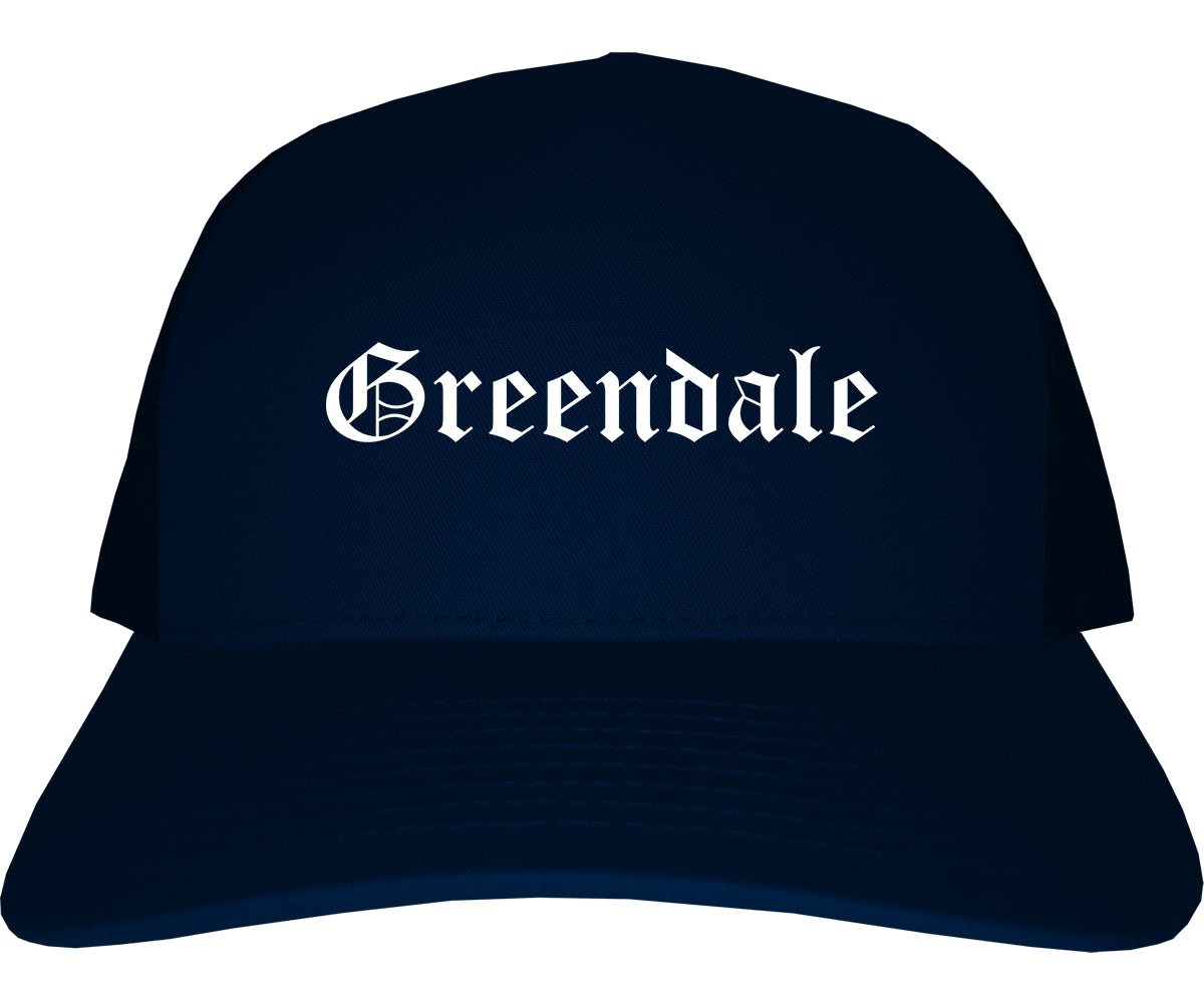 Greendale Wisconsin WI Old English Mens Trucker Hat Cap Navy Blue