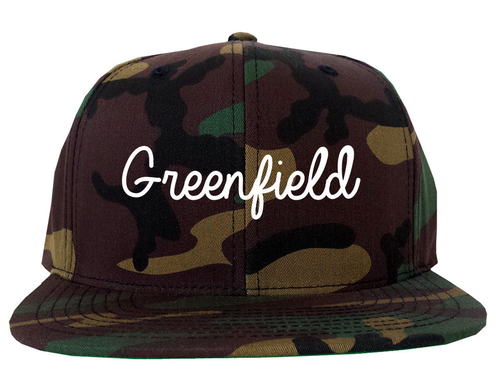 Greenfield Indiana IN Script Mens Snapback Hat Army Camo