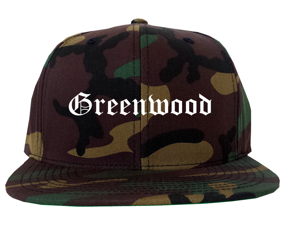 Greenwood Indiana IN Old English Mens Snapback Hat Army Camo