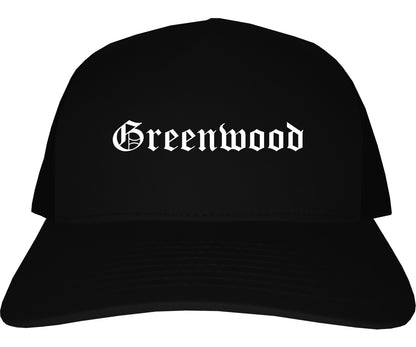 Greenwood Indiana IN Old English Mens Trucker Hat Cap Black