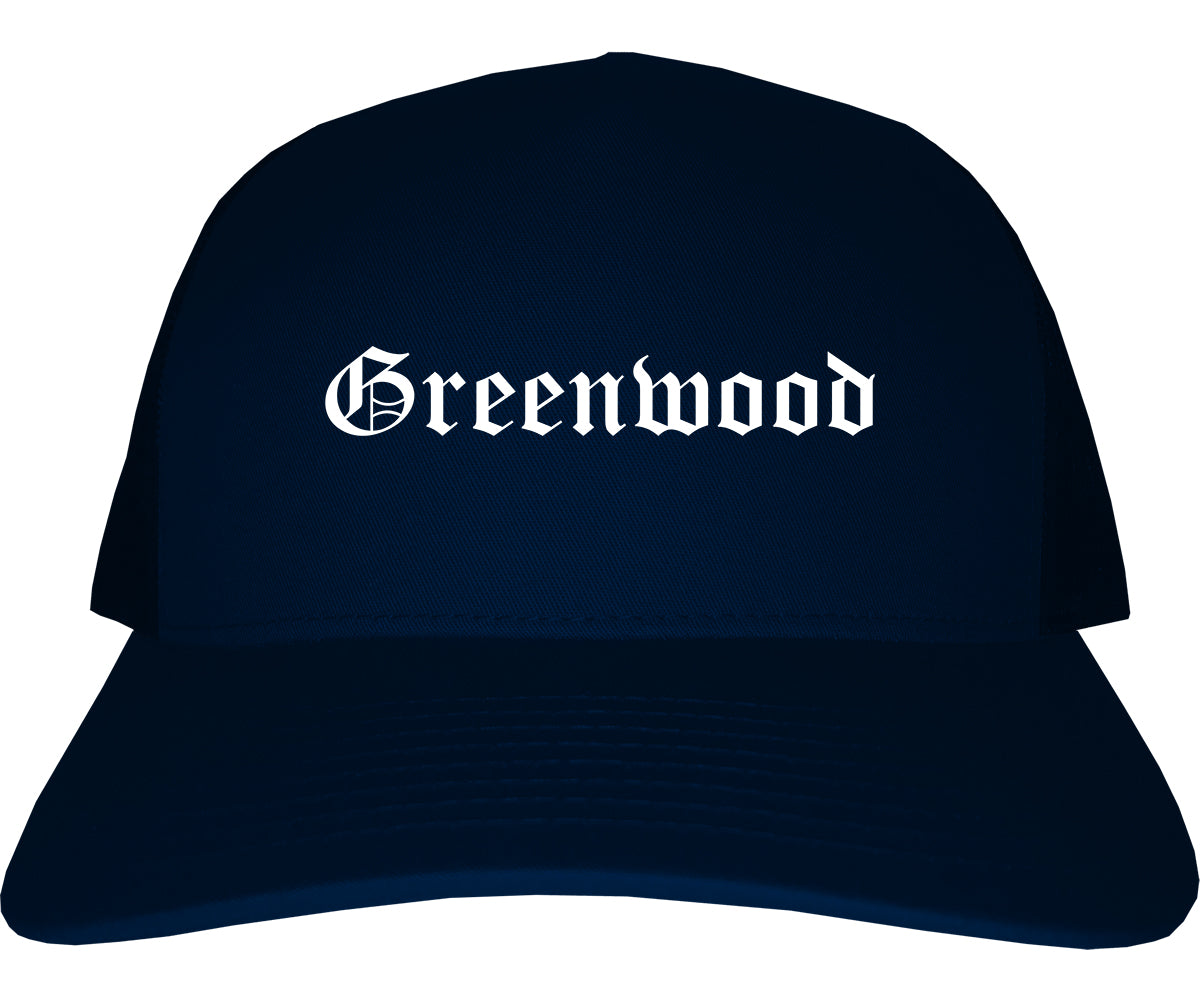 Greenwood Indiana IN Old English Mens Trucker Hat Cap Navy Blue