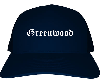 Greenwood Indiana IN Old English Mens Trucker Hat Cap Navy Blue