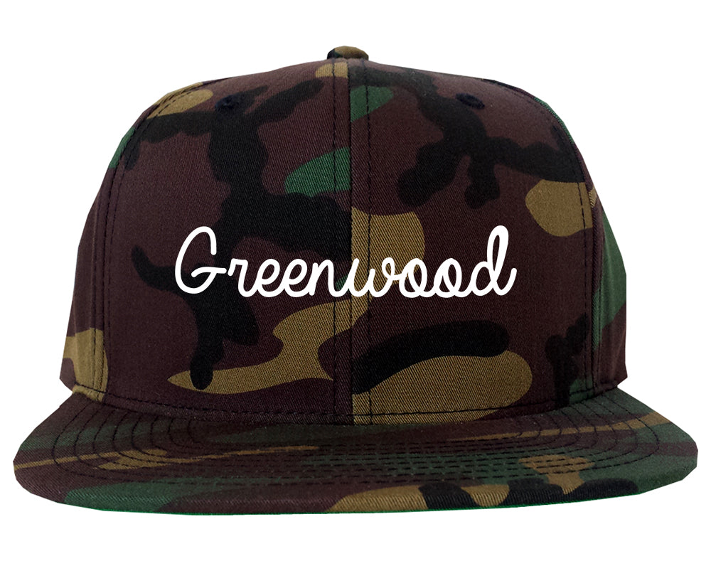 Greenwood Indiana IN Script Mens Snapback Hat Army Camo