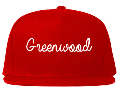 Greenwood Indiana IN Script Mens Snapback Hat Red