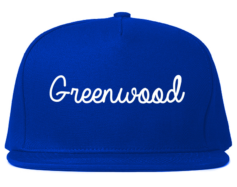 Greenwood Mississippi MS Script Mens Snapback Hat Royal Blue