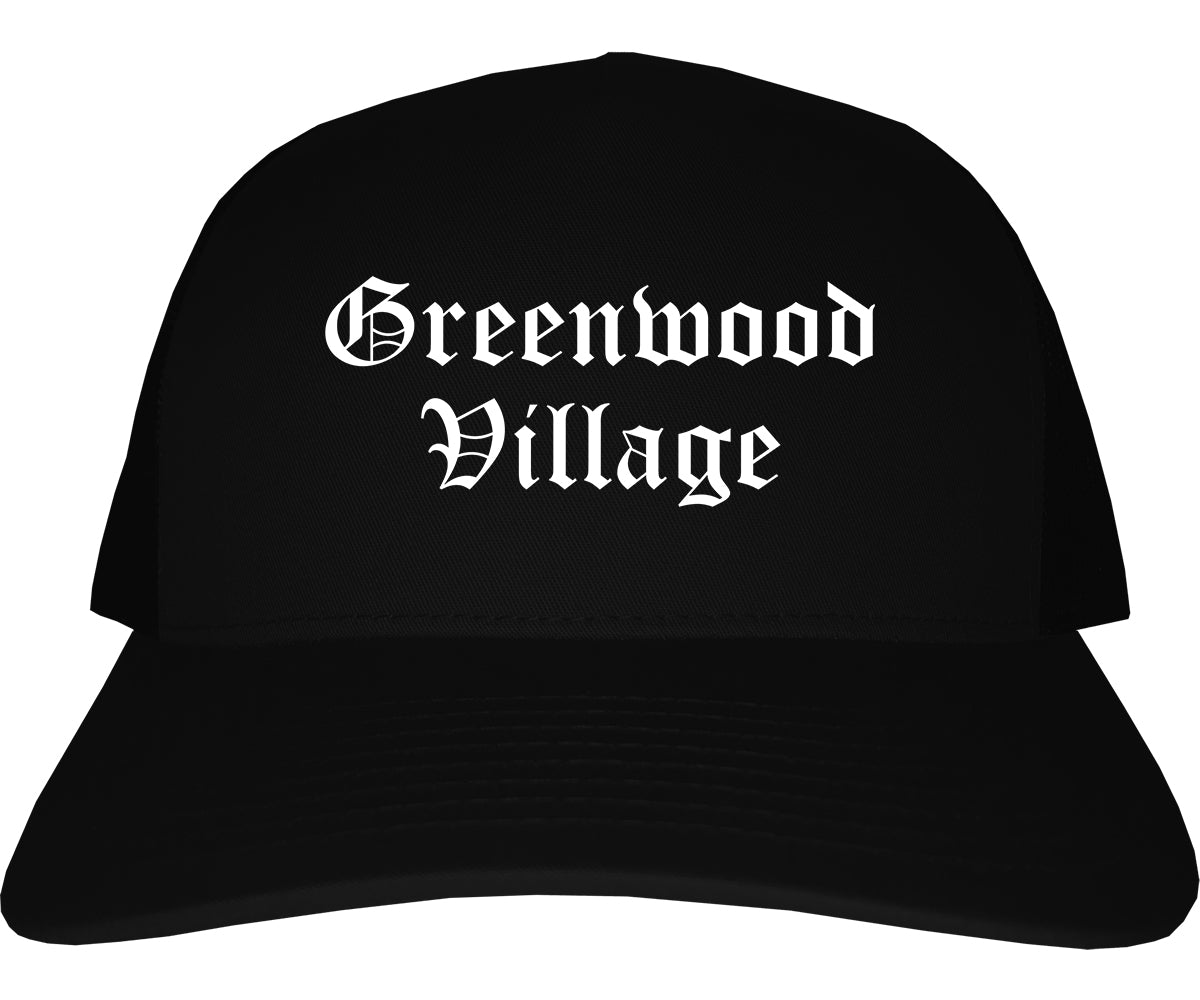 Greenwood Village Colorado CO Old English Mens Trucker Hat Cap Black