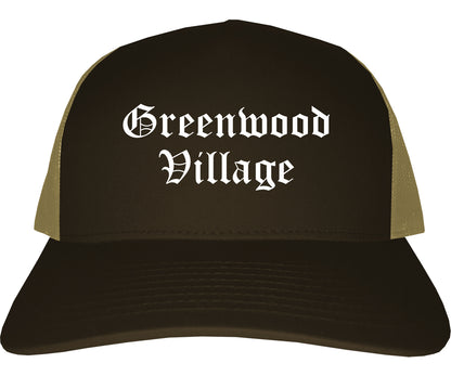 Greenwood Village Colorado CO Old English Mens Trucker Hat Cap Brown