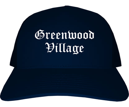 Greenwood Village Colorado CO Old English Mens Trucker Hat Cap Navy Blue