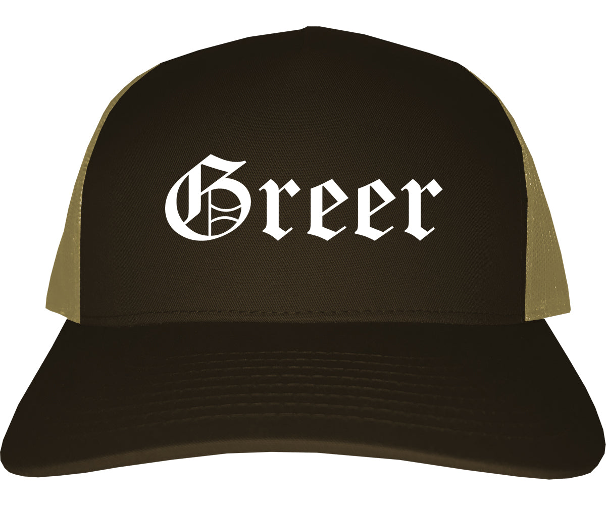 Greer South Carolina SC Old English Mens Trucker Hat Cap Brown