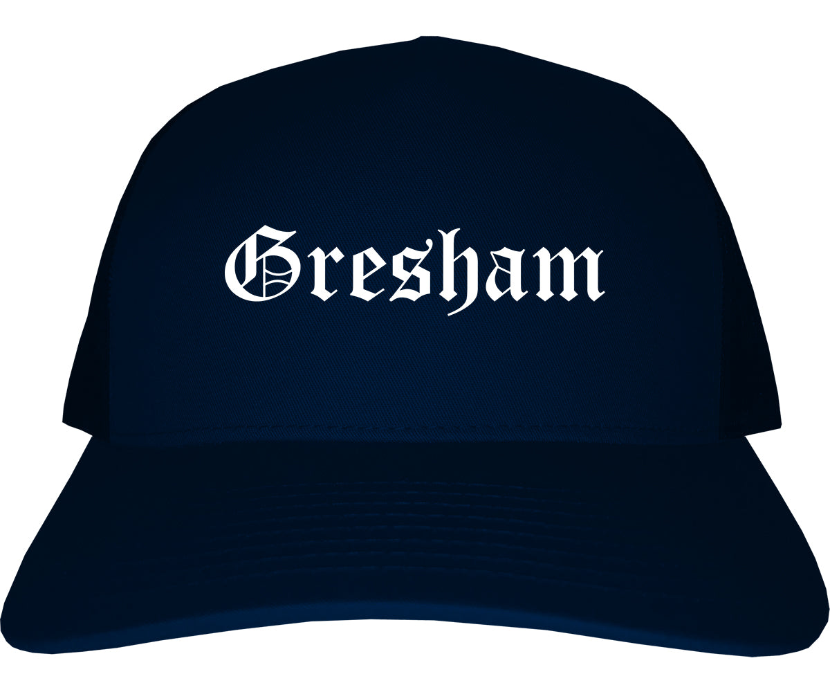 Gresham Oregon OR Old English Mens Trucker Hat Cap Navy Blue