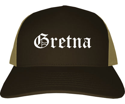 Gretna Nebraska NE Old English Mens Trucker Hat Cap Brown