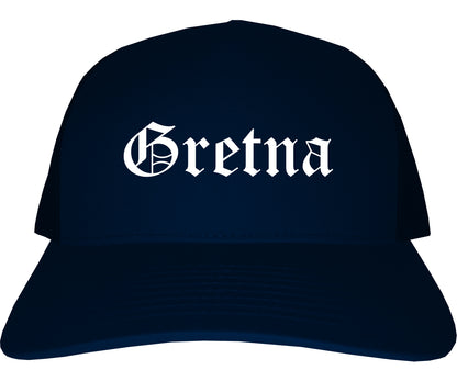 Gretna Nebraska NE Old English Mens Trucker Hat Cap Navy Blue