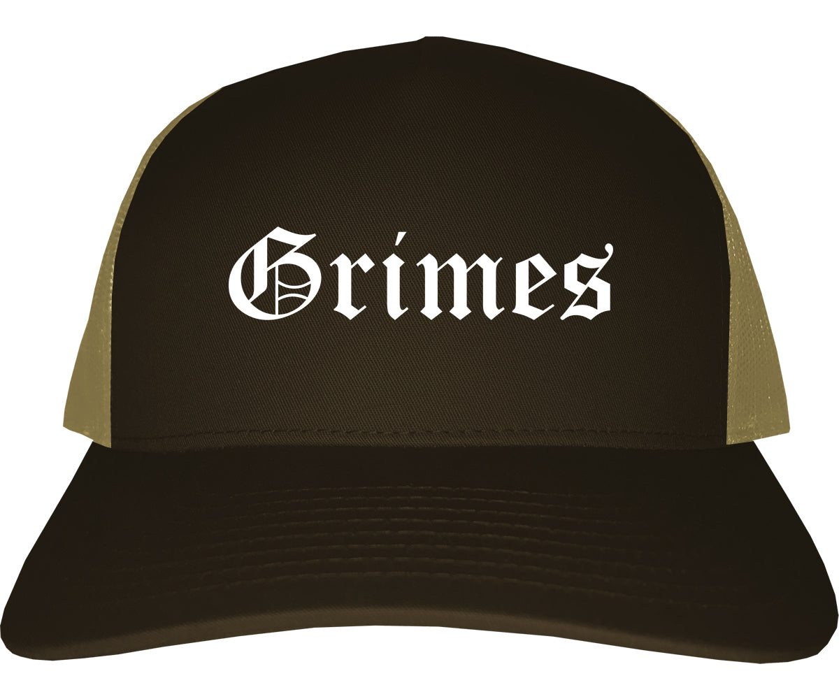Grimes Iowa IA Old English Mens Trucker Hat Cap Brown