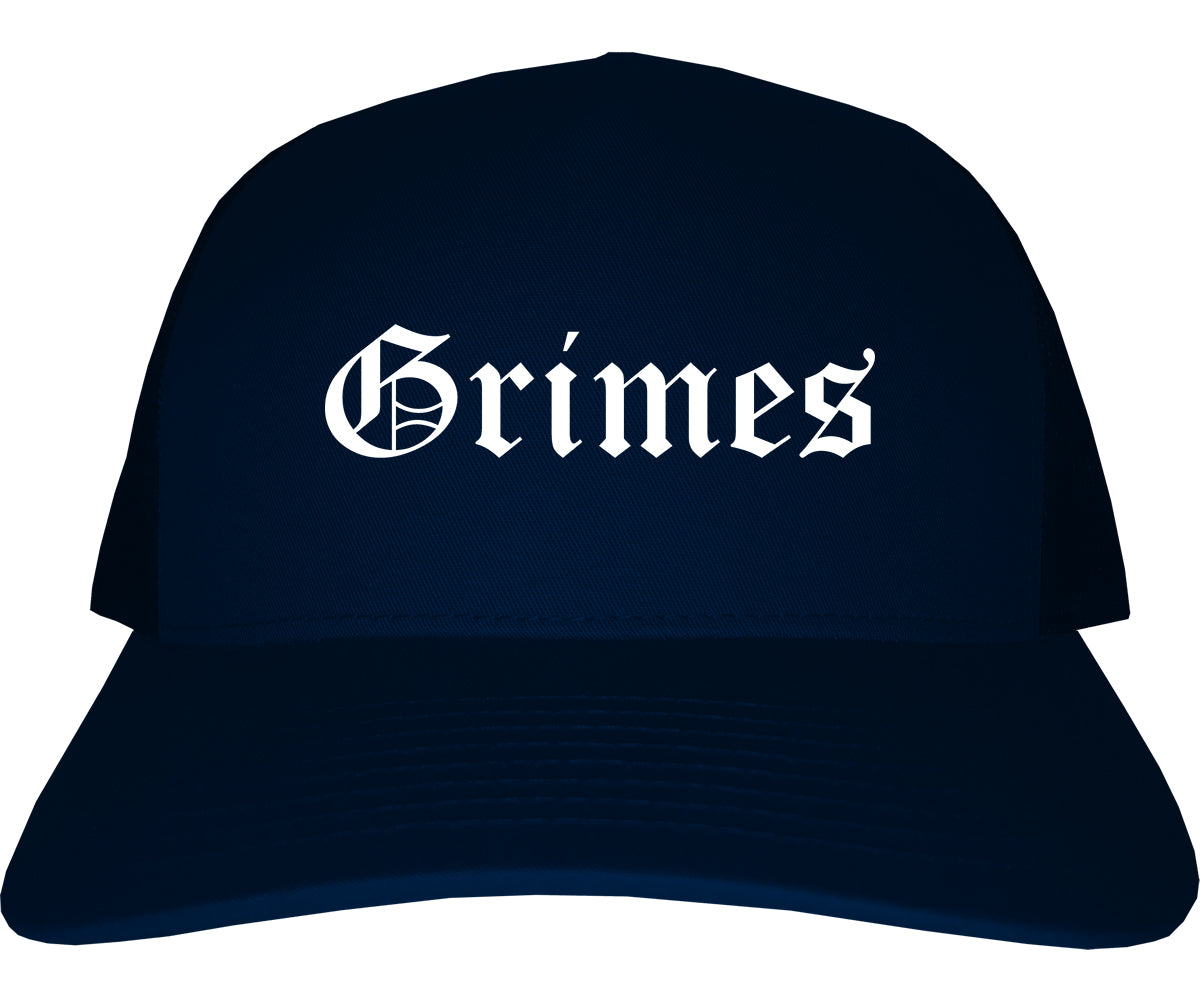 Grimes Iowa IA Old English Mens Trucker Hat Cap Navy Blue