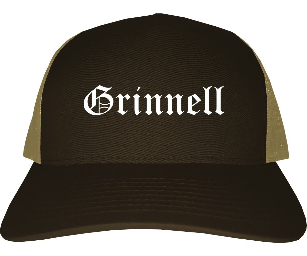 Grinnell Iowa IA Old English Mens Trucker Hat Cap Brown