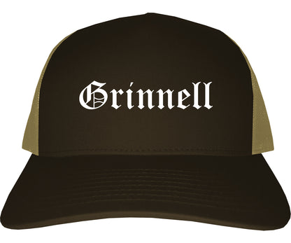 Grinnell Iowa IA Old English Mens Trucker Hat Cap Brown