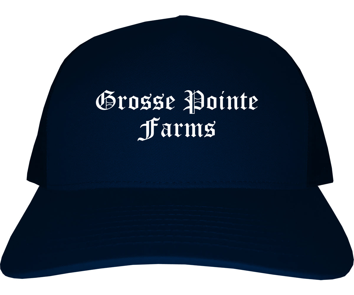 Grosse Pointe Farms Michigan MI Old English Mens Trucker Hat Cap Navy Blue