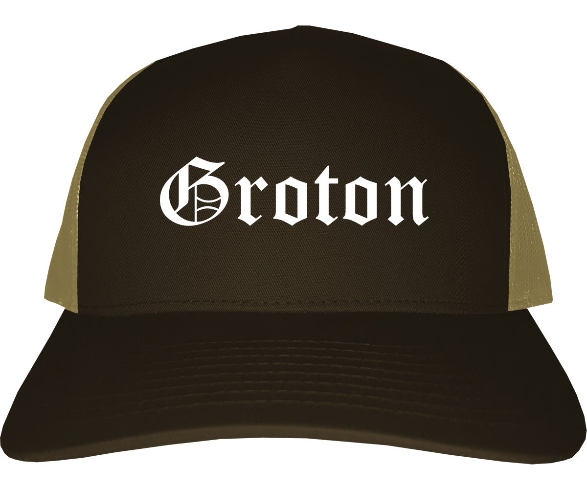 Groton Connecticut CT Old English Mens Trucker Hat Cap Brown