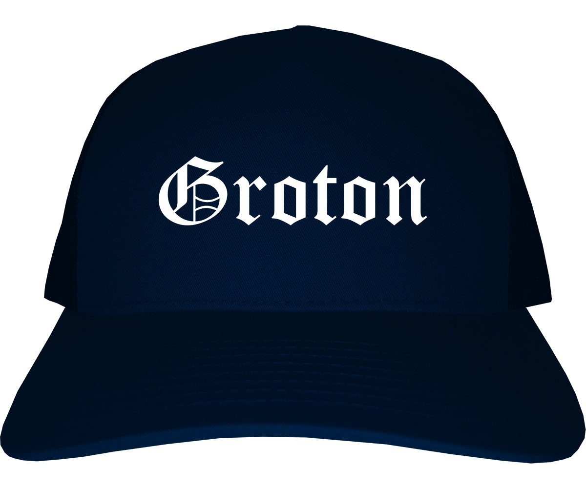 Groton Connecticut CT Old English Mens Trucker Hat Cap Navy Blue