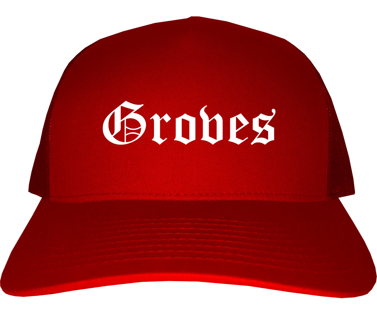 Groves Texas TX Old English Mens Trucker Hat Cap Red