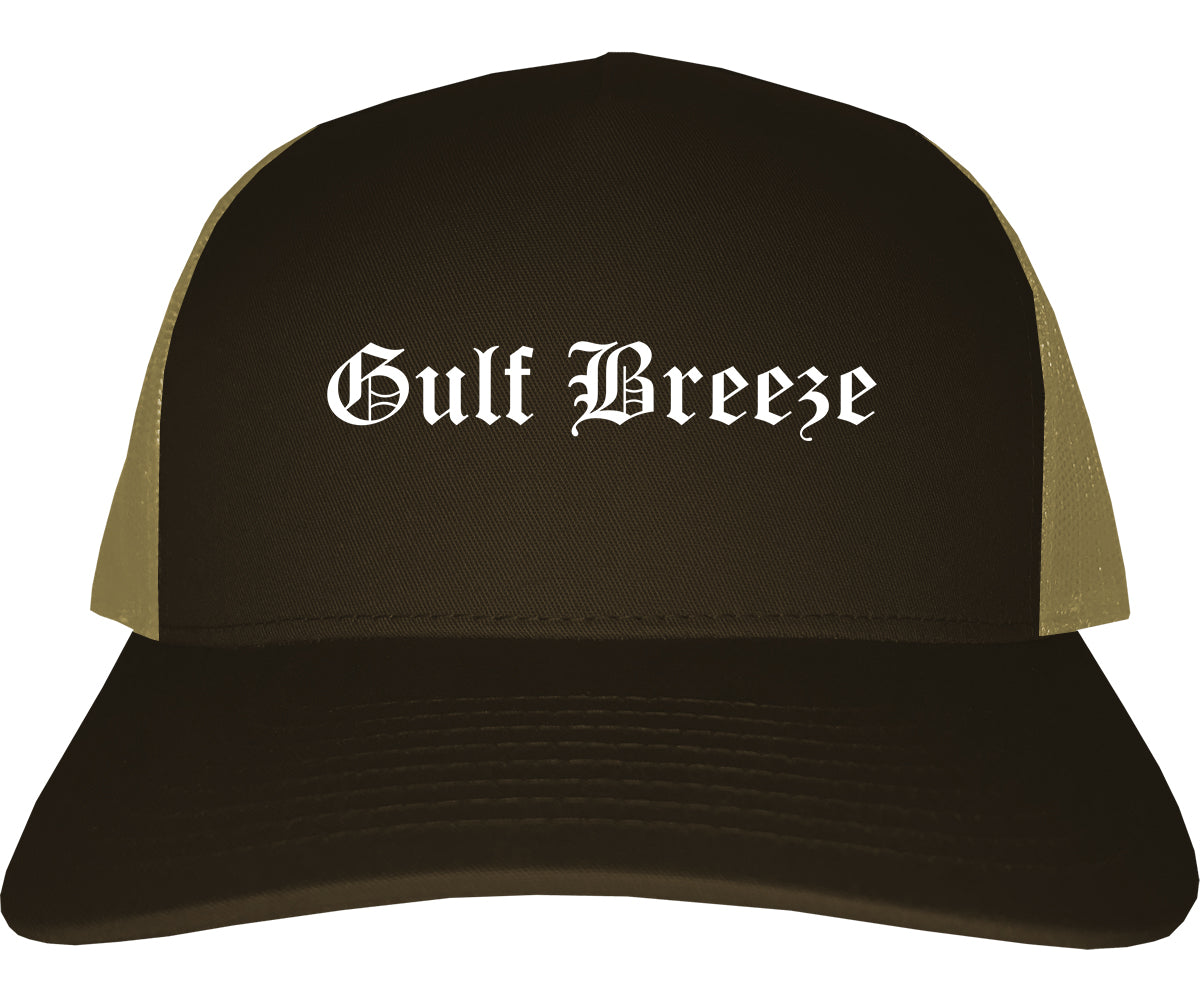 Gulf Breeze Florida FL Old English Mens Trucker Hat Cap Brown