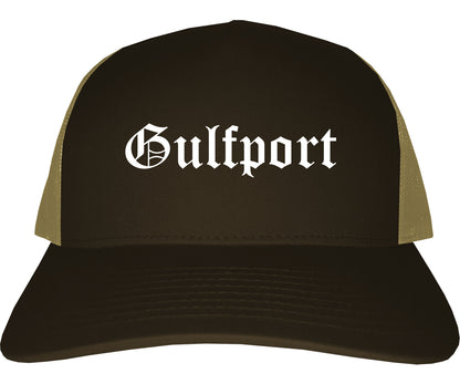 Gulfport Florida FL Old English Mens Trucker Hat Cap Brown