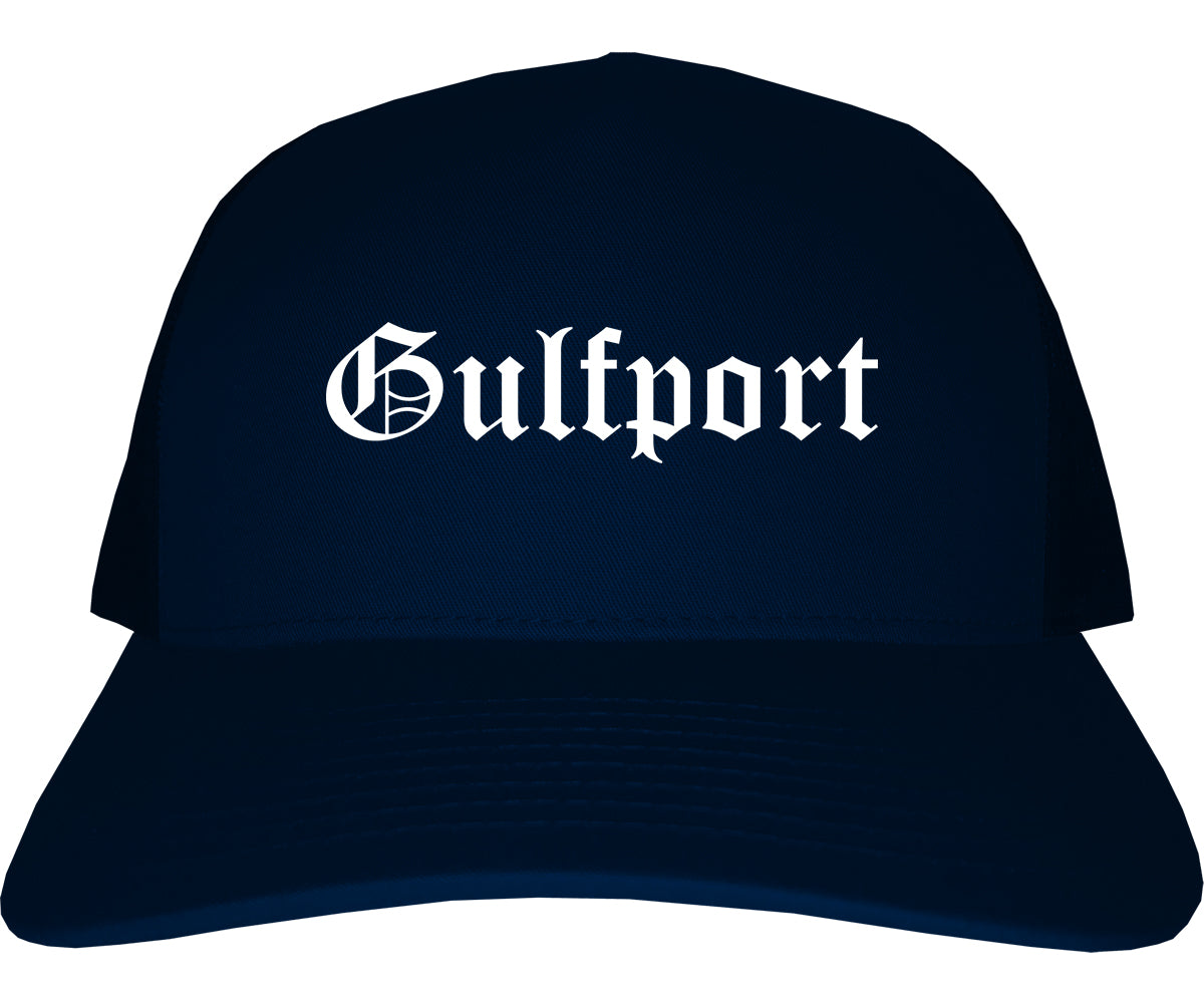 Gulfport Florida FL Old English Mens Trucker Hat Cap Navy Blue