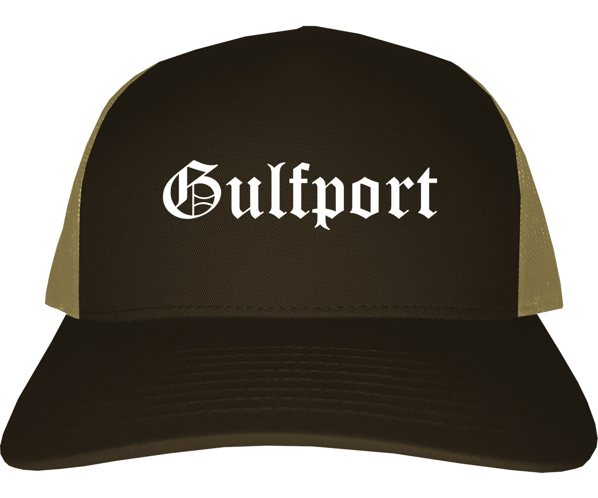 Gulfport Mississippi MS Old English Mens Trucker Hat Cap Brown
