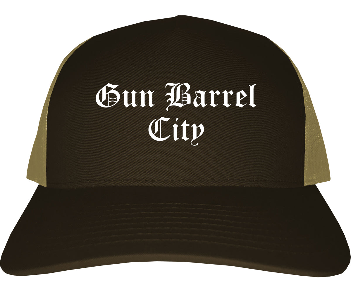 Gun Barrel City Texas TX Old English Mens Trucker Hat Cap Brown