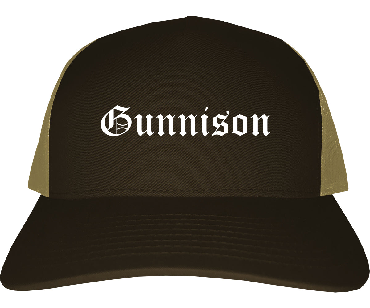 Gunnison Colorado CO Old English Mens Trucker Hat Cap Brown