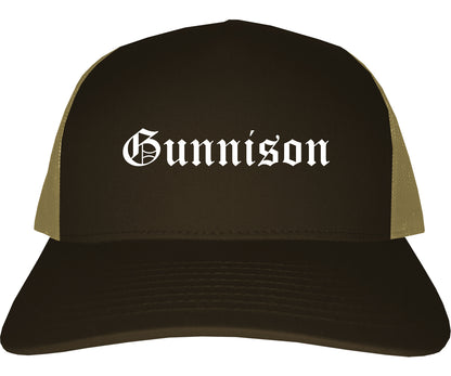 Gunnison Colorado CO Old English Mens Trucker Hat Cap Brown
