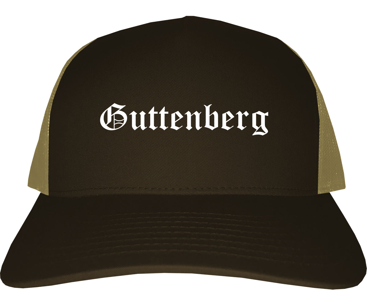 Guttenberg New Jersey NJ Old English Mens Trucker Hat Cap Brown