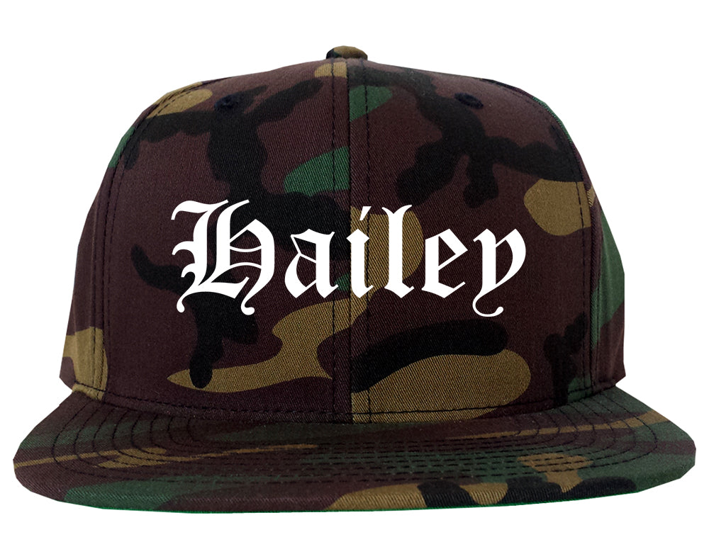 Hailey Idaho ID Old English Mens Snapback Hat Army Camo