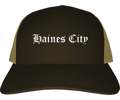 Haines City Florida FL Old English Mens Trucker Hat Cap Brown