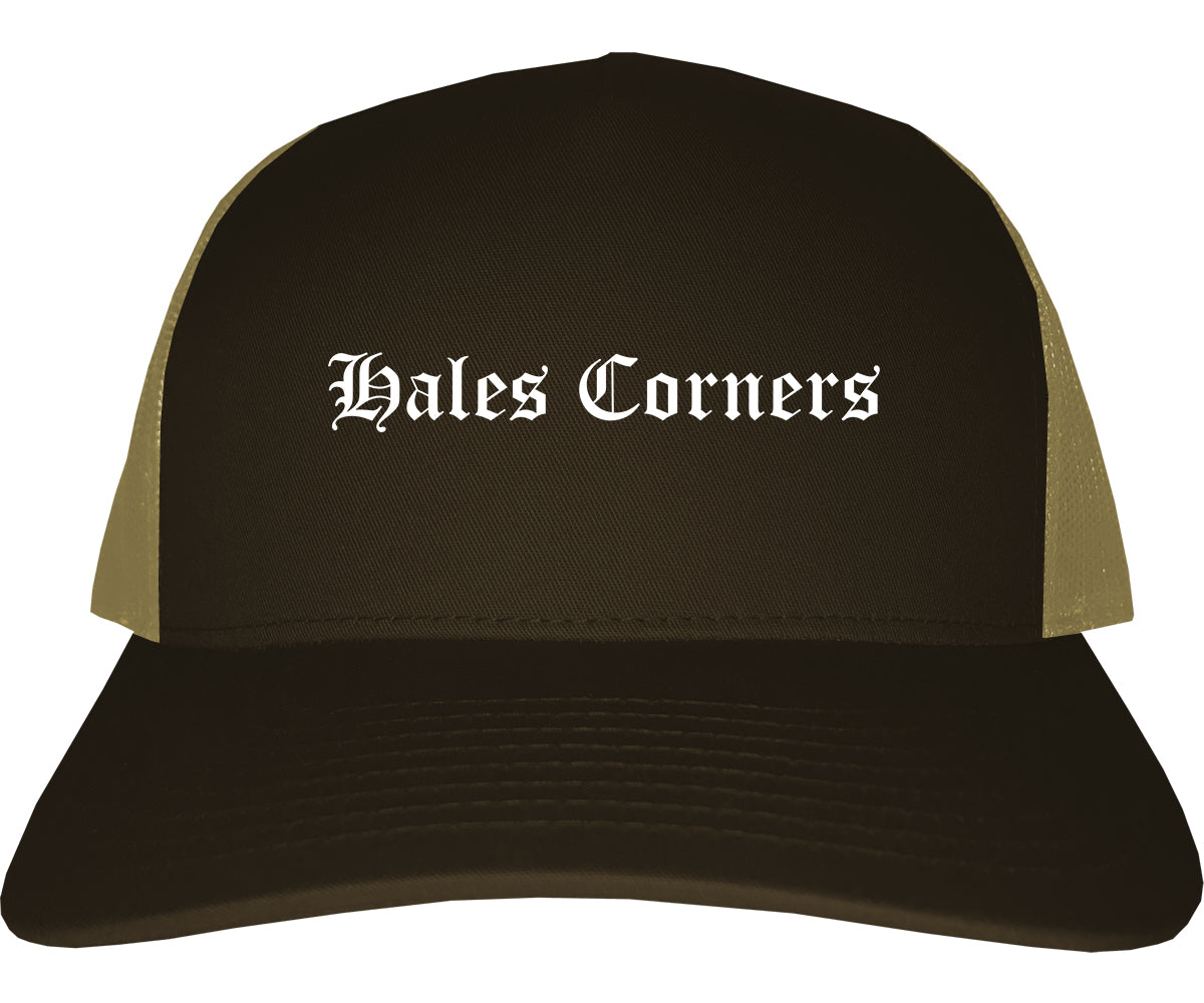 Hales Corners Wisconsin WI Old English Mens Trucker Hat Cap Brown
