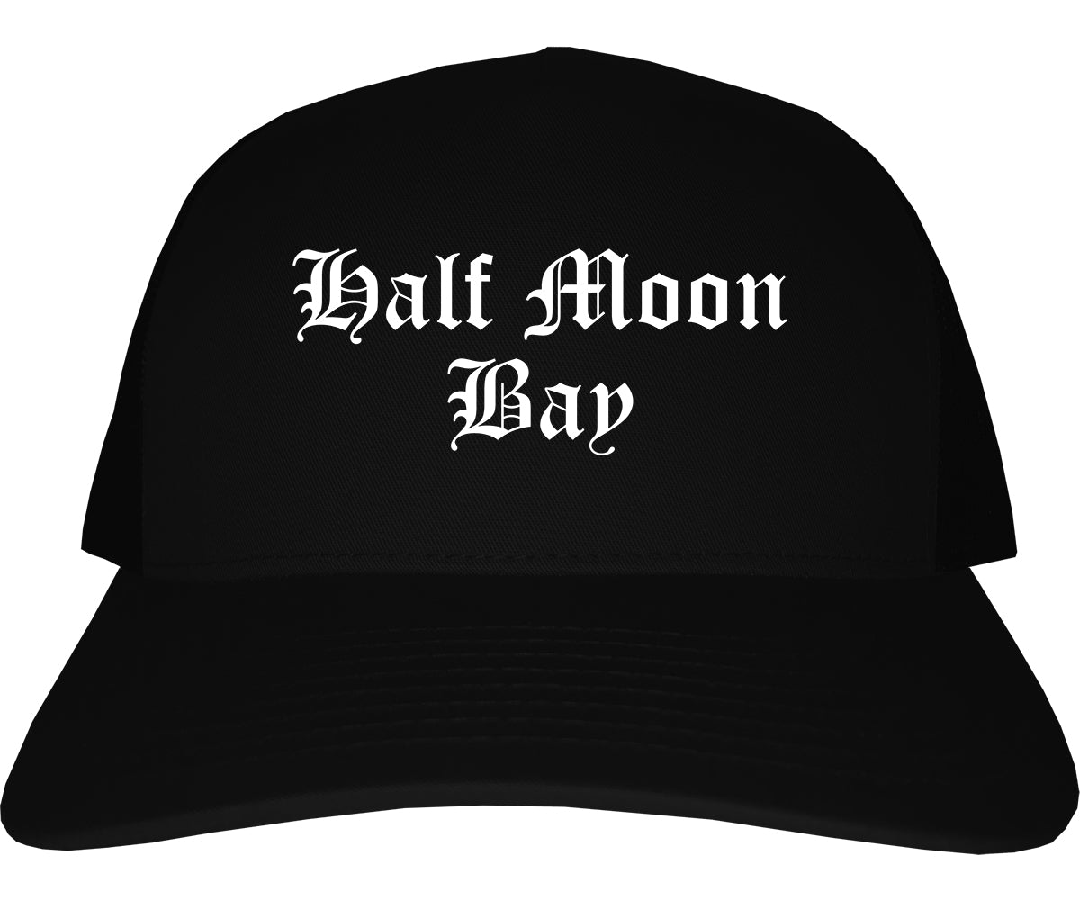 Half Moon Bay California CA Old English Mens Trucker Hat Cap Black