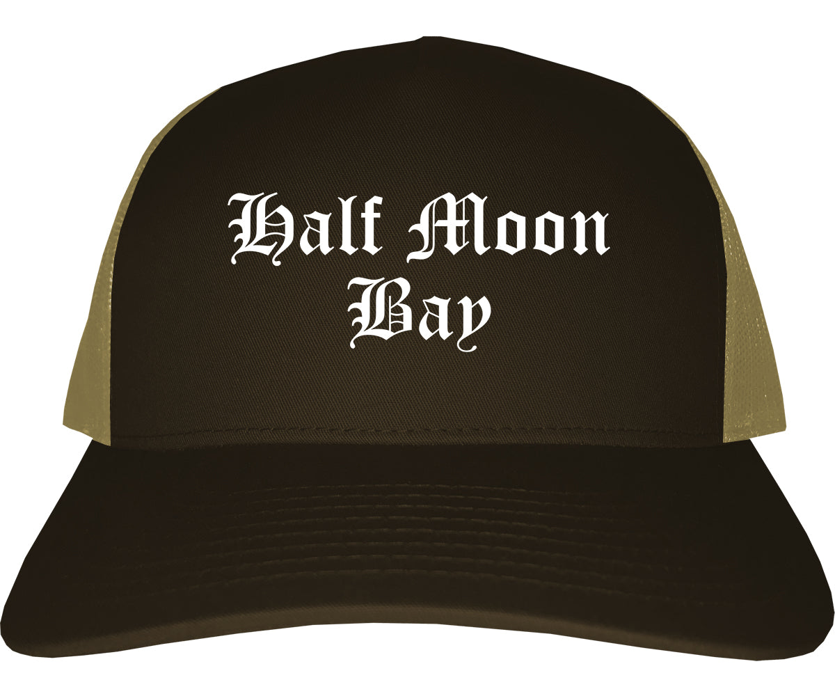 Half Moon Bay California CA Old English Mens Trucker Hat Cap Brown