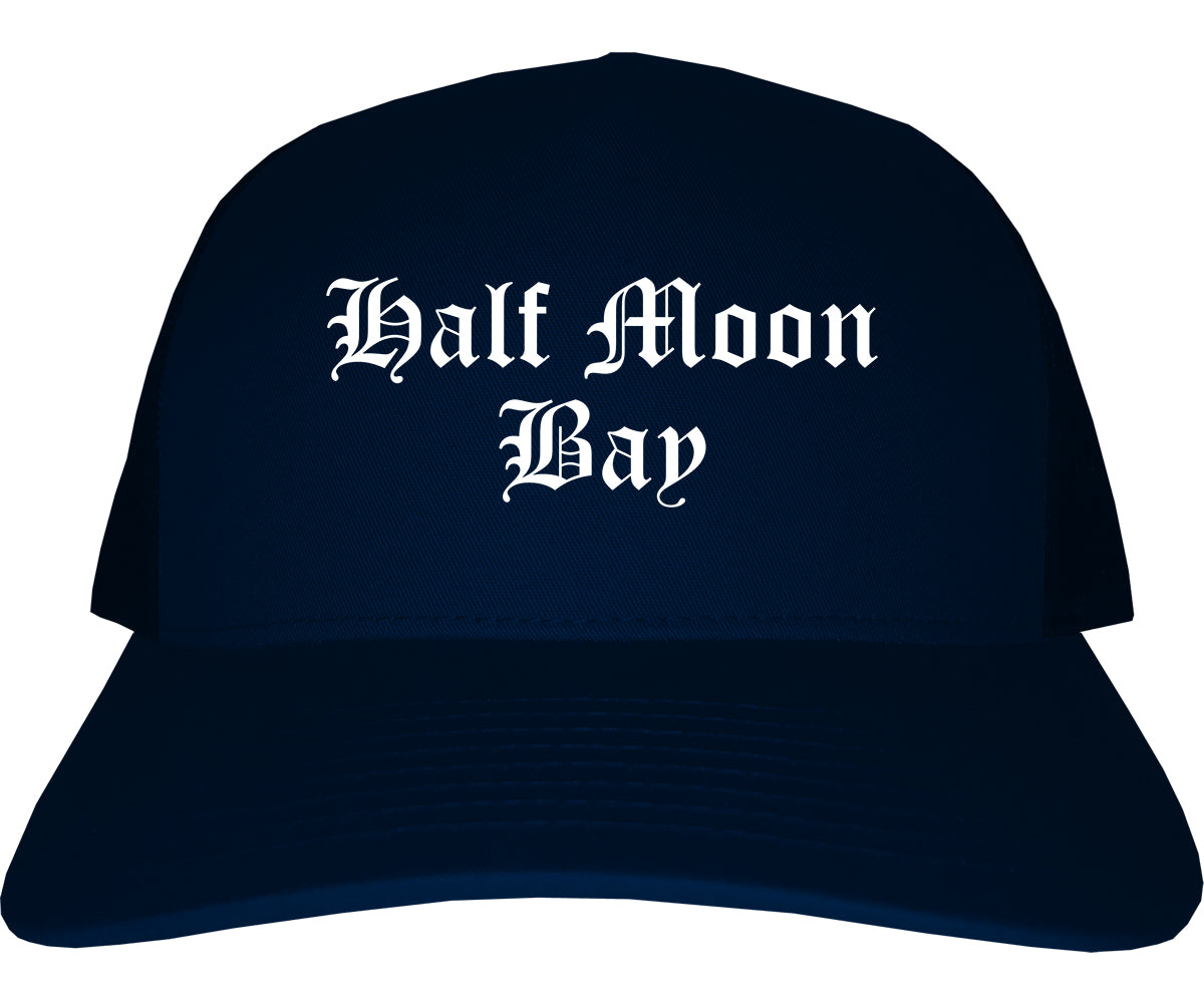 Half Moon Bay California CA Old English Mens Trucker Hat Cap Navy Blue