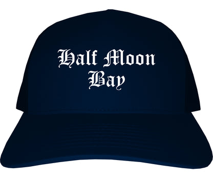 Half Moon Bay California CA Old English Mens Trucker Hat Cap Navy Blue