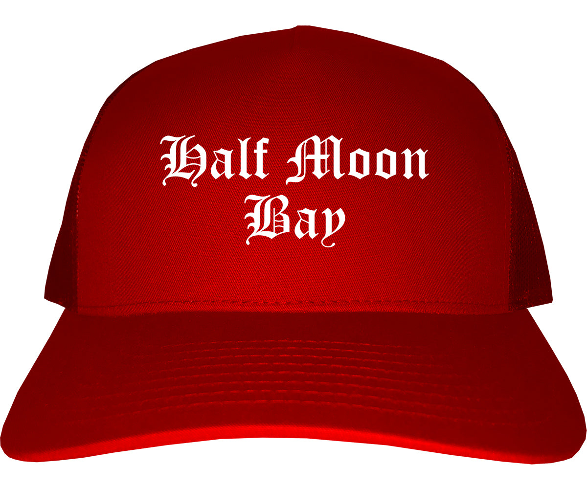 Half Moon Bay California CA Old English Mens Trucker Hat Cap Red