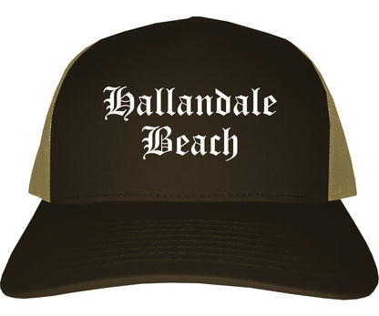 Hallandale Beach Florida FL Old English Mens Trucker Hat Cap Brown