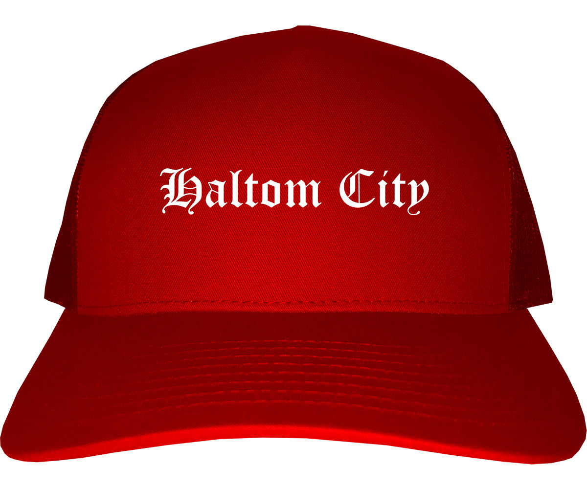 Haltom City Texas TX Old English Mens Trucker Hat Cap Red