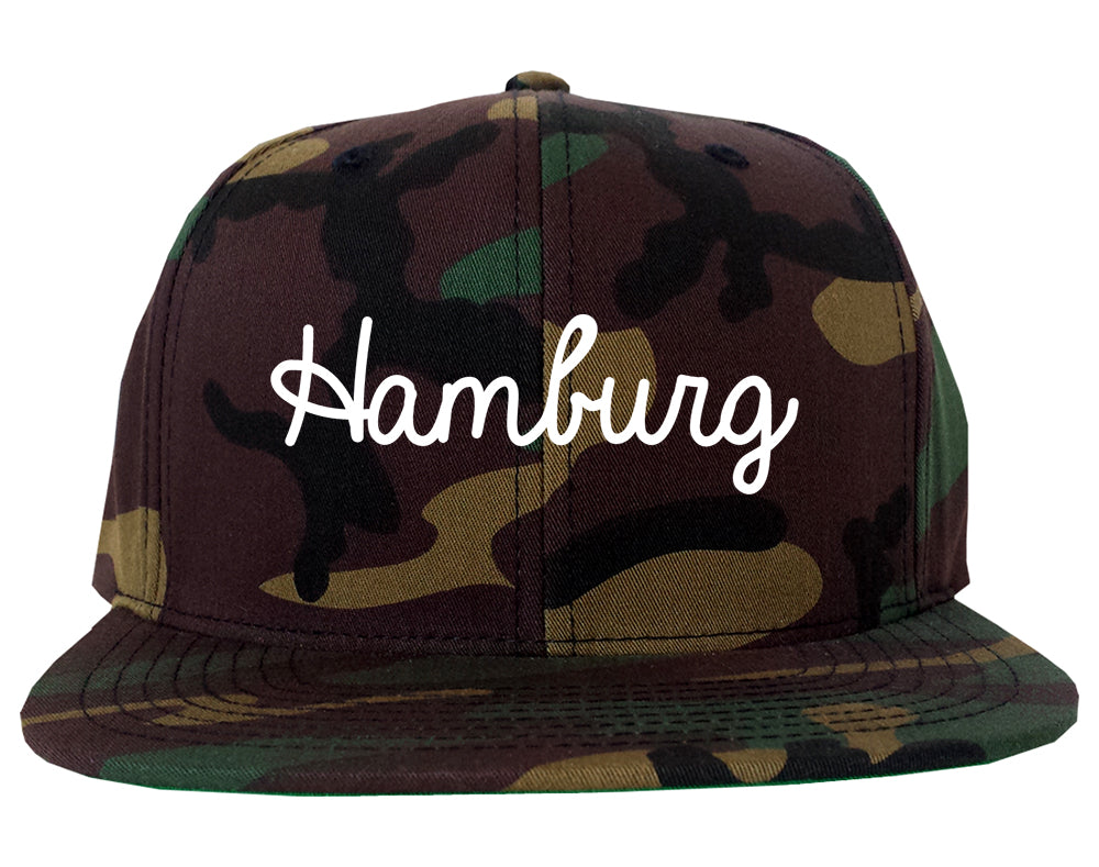 Hamburg New York NY Script Mens Snapback Hat Army Camo