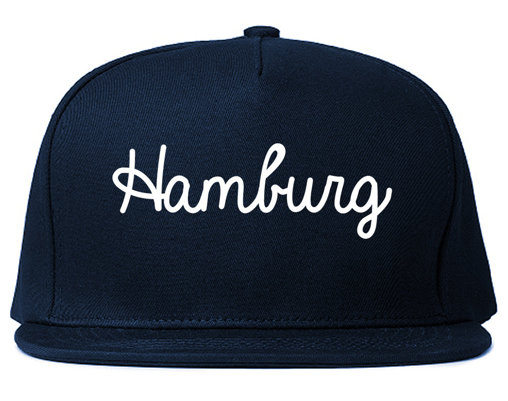 Hamburg New York NY Script Mens Snapback Hat Navy Blue